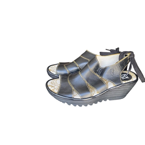 FLY London Yown Black Olive Wedge Sandal with Strappy Lace Up and Op I Size: 40 - Picture 1 of 11